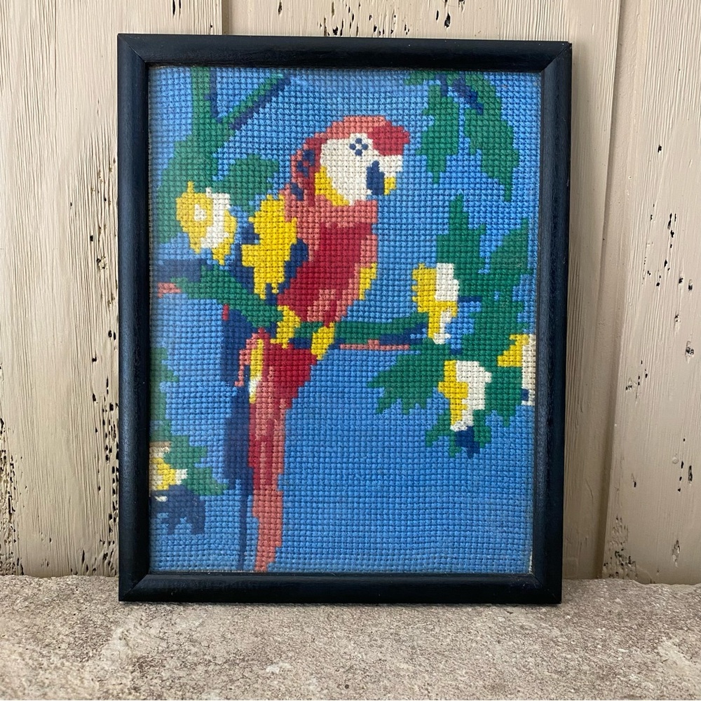 Colorful Vintage Parrot Needlepoint Art in frame with glass.